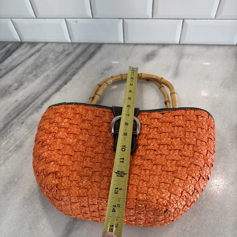 Orange Straw Purse With Leather Buckle And‎ Bamboo Handles